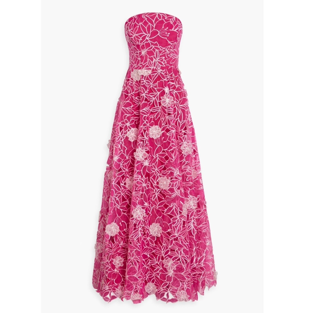 MARCHESA NOTTE Strapless floral-appliquéd organza gown